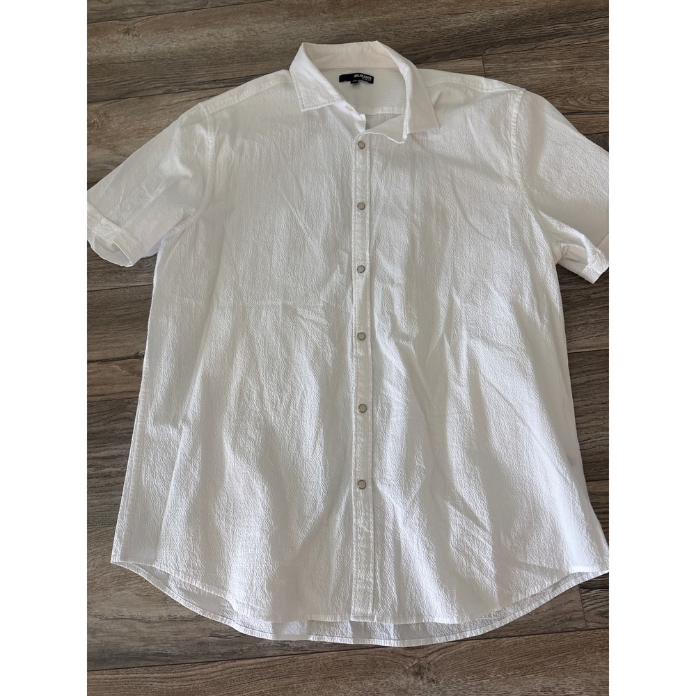 Murano Slim Fit Mens XL White Seersucker Short Sleeve Pearl Snap Down Shirt